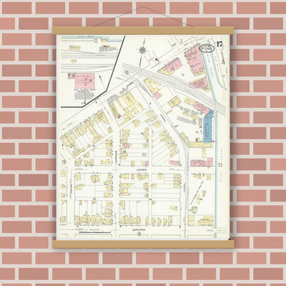 Old map wall art mockup — magnetic wood frame on brick wall — Sanborn Fire Insurance Map from Rome, Oneida County, New York (1914), Sheet #0017