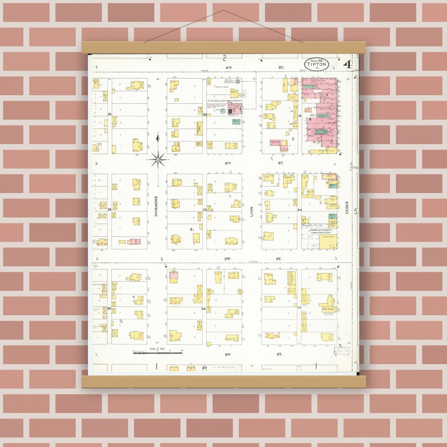 Old map wall art mockup — magnetic wood frame on brick wall — Sanborn Fire Insurance Map from Tipton, Cedar County, Iowa (1906), Sheet #0004