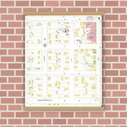 Old map wall art mockup — magnetic wood frame on brick wall — Sanborn Fire Insurance Map from Tipton, Cedar County, Iowa (1906), Sheet #0004