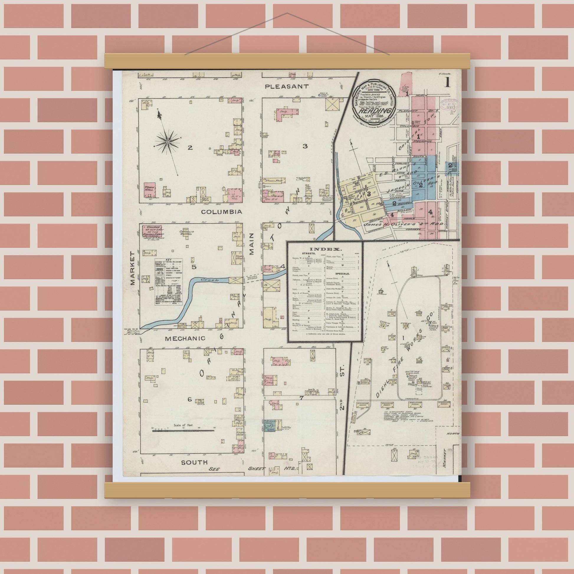 Old map wall art mockup — magnetic wood frame on brick wall — Sanborn Fire Insurance Map from Reading, Hamilton County, Ohio (1886) - Complete Map Set