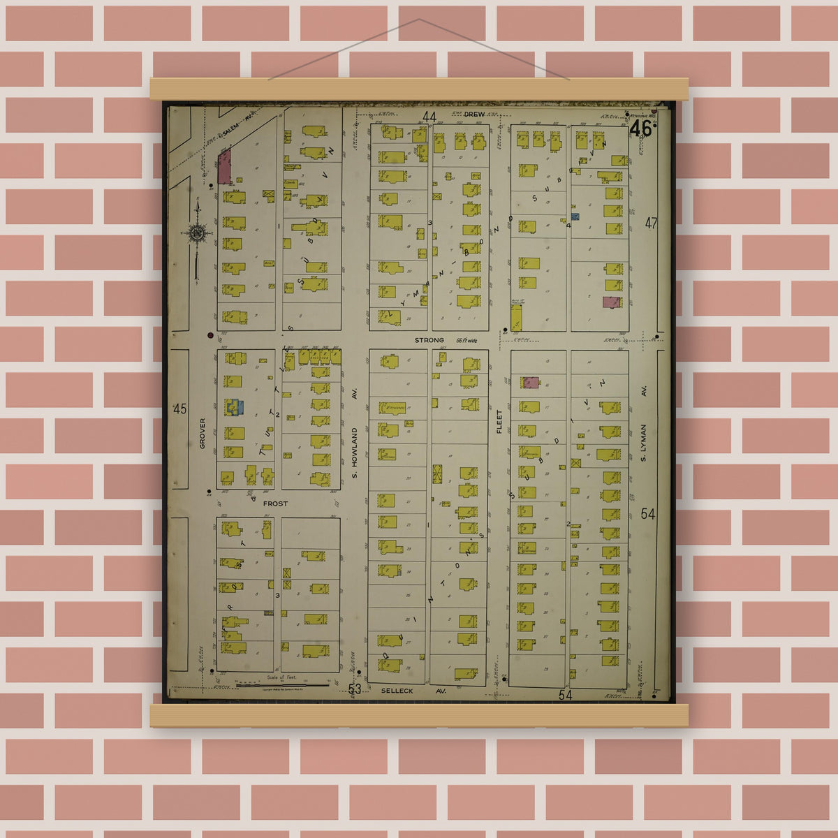 Old map wall art mockup — magnetic wood frame on brick wall — Sanborn Fire Insurance Map from Kenosha, Kenosha County, Wisconsin. (1918), Sheet 50