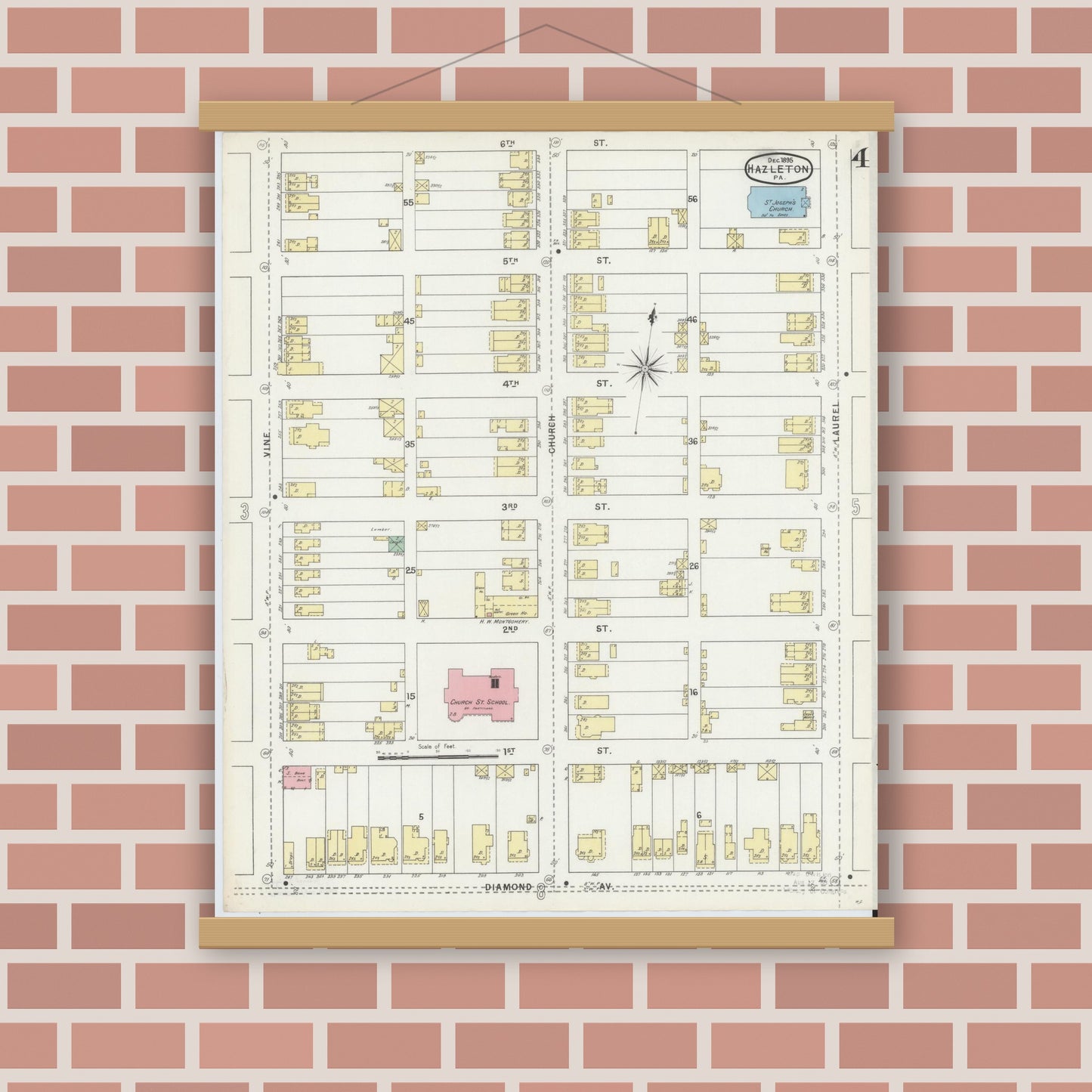 Old map wall art mockup — magnetic wood frame on brick wall — Sanborn Fire Insurance Map from Hazleton, Luzerne County, Pennsylvania (1895), Sheet #0004