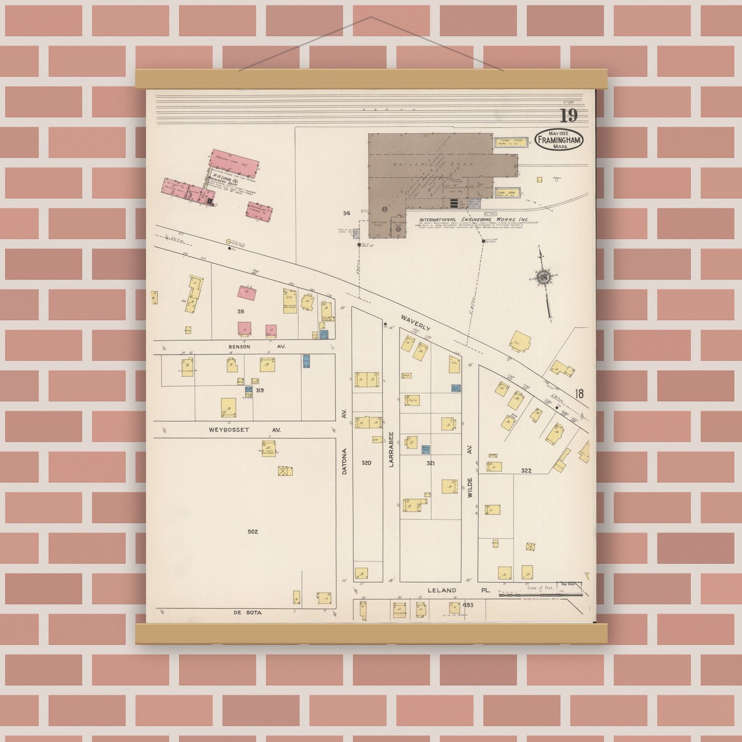 Old map wall art mockup — magnetic wood frame on brick wall — Sanborn Fire Insurance Map from Framingham, Middlesex County, Massachusetts (1922), Sheet #0019