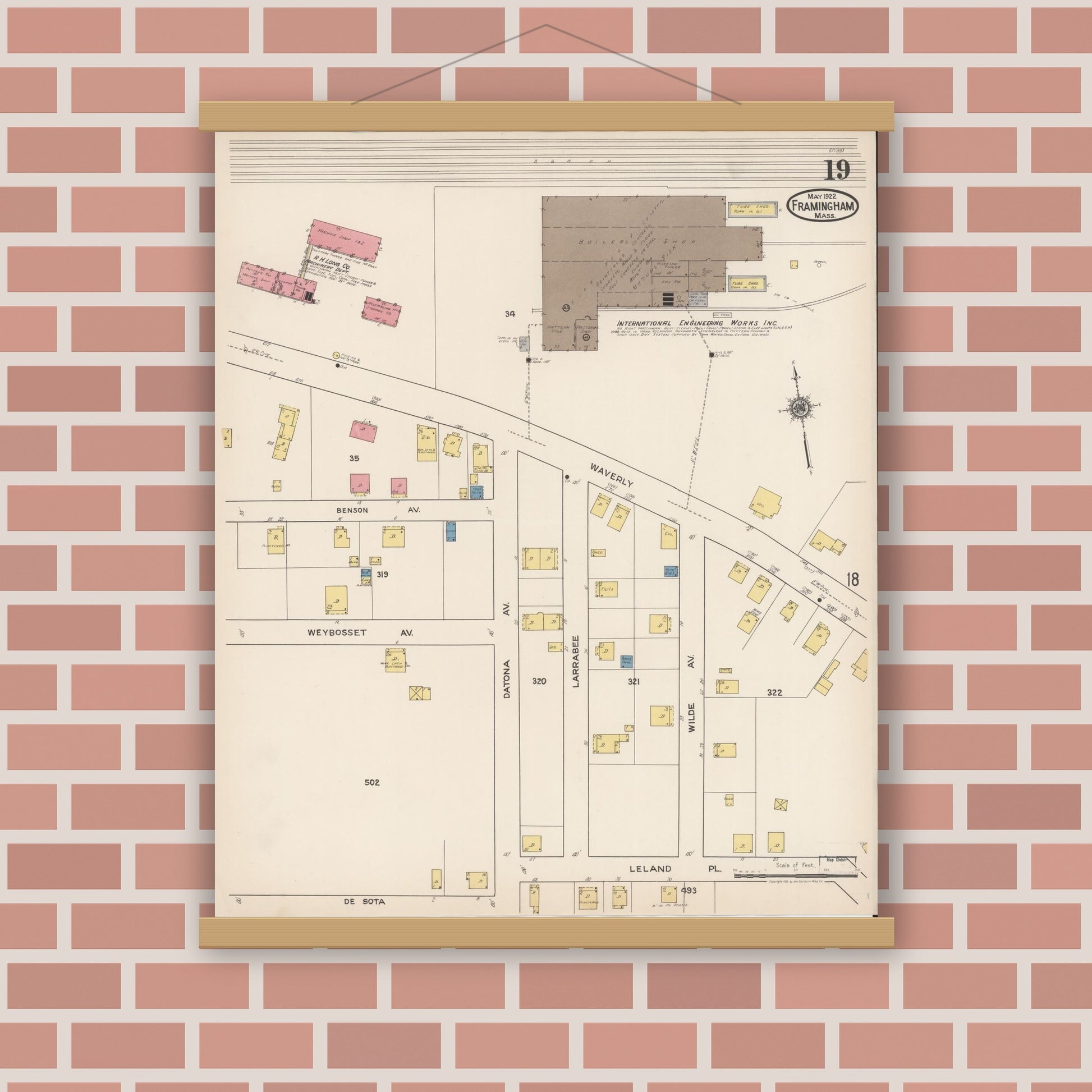 Old map wall art mockup — magnetic wood frame on brick wall — Sanborn Fire Insurance Map from Framingham, Middlesex County, Massachusetts (1922), Sheet #0019
