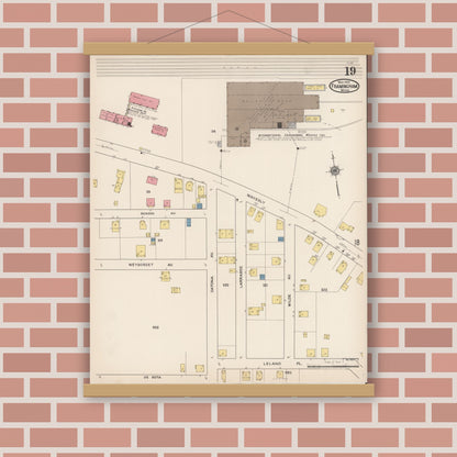 Old map wall art mockup — magnetic wood frame on brick wall — Sanborn Fire Insurance Map from Framingham, Middlesex County, Massachusetts (1922), Sheet #0019
