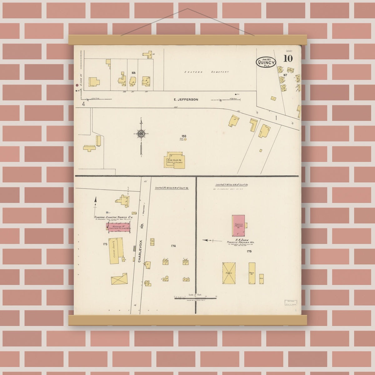 Old map wall art mockup — magnetic wood frame on brick wall — Sanborn Fire Insurance Map from Quincy, Gadsden County, Florida (1922), Sheet #0010