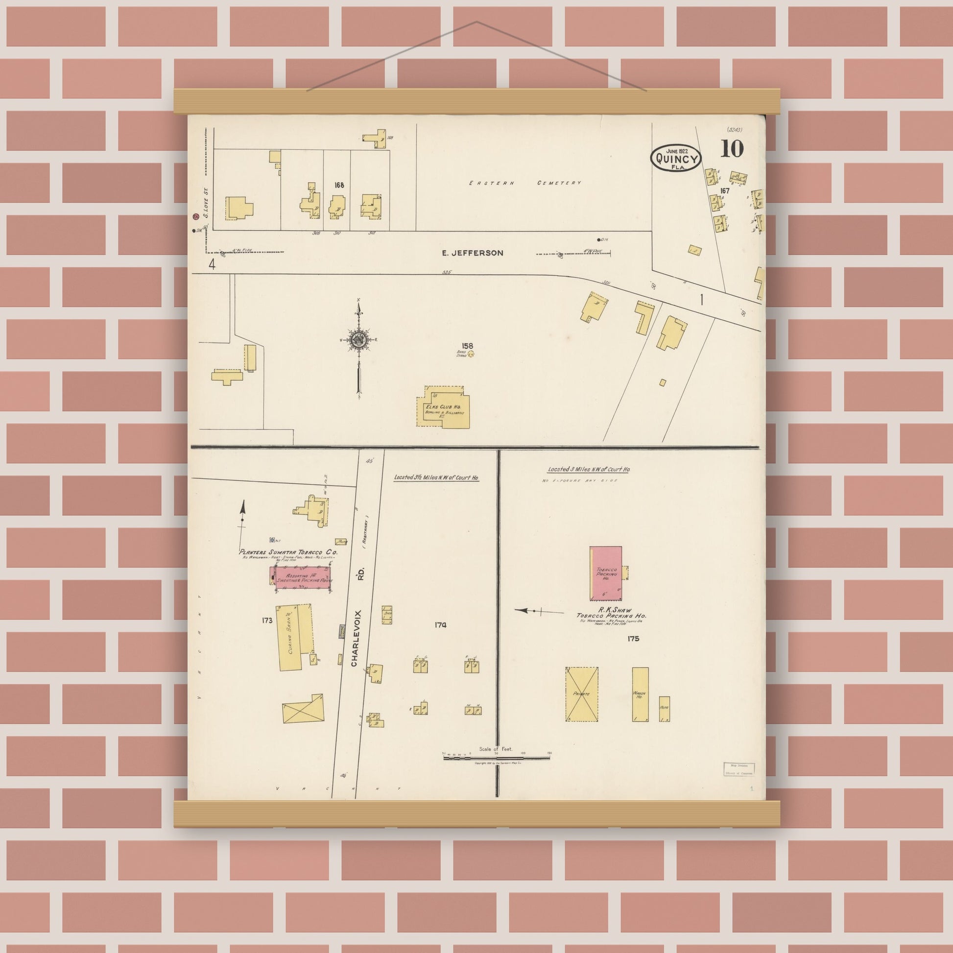 Old map wall art mockup — magnetic wood frame on brick wall — Sanborn Fire Insurance Map from Quincy, Gadsden County, Florida (1922), Sheet #0010