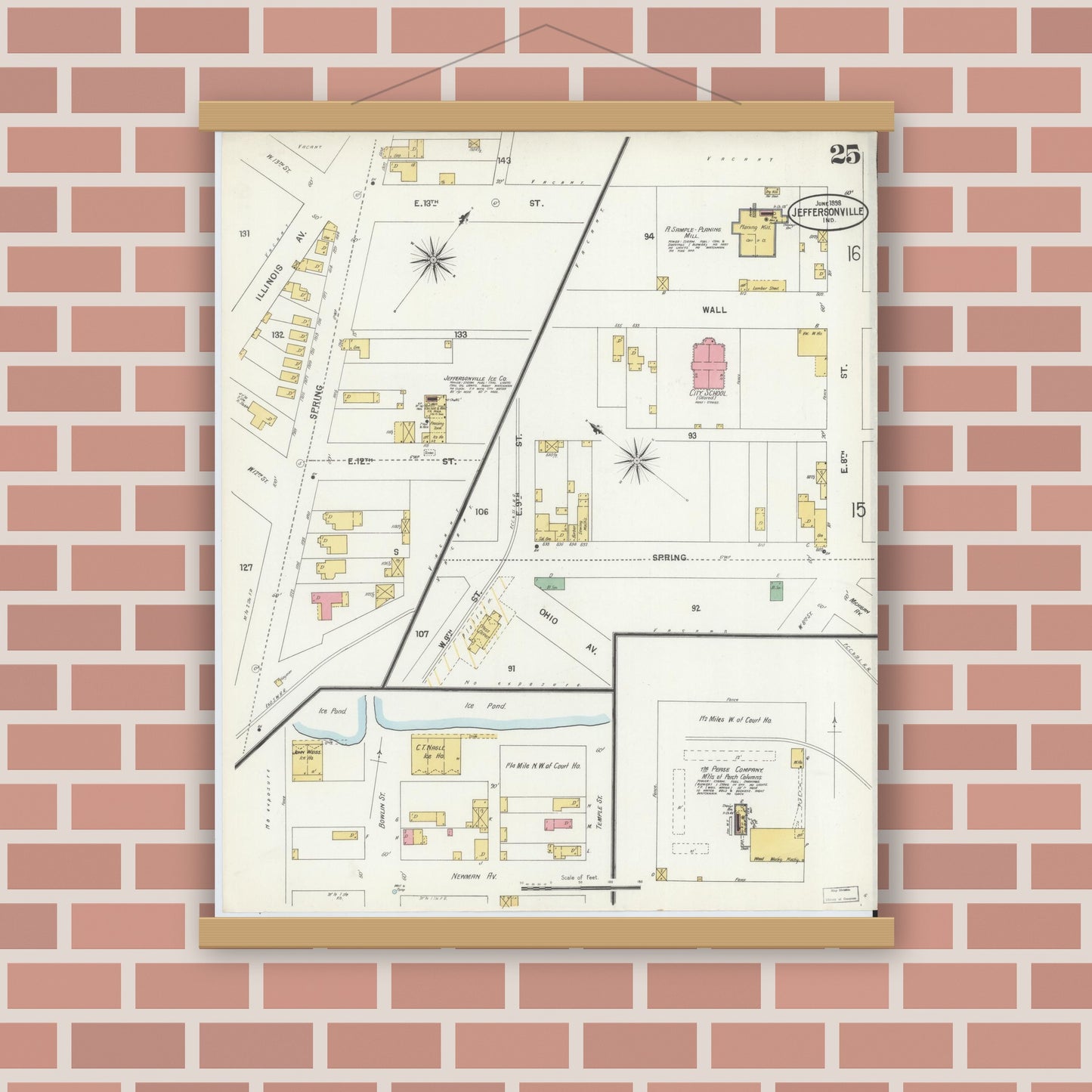 Old map wall art mockup — magnetic wood frame on brick wall — Sanborn Fire Insurance Map from Jeffersonville, Clark County, Indiana (1898), Sheet #0025