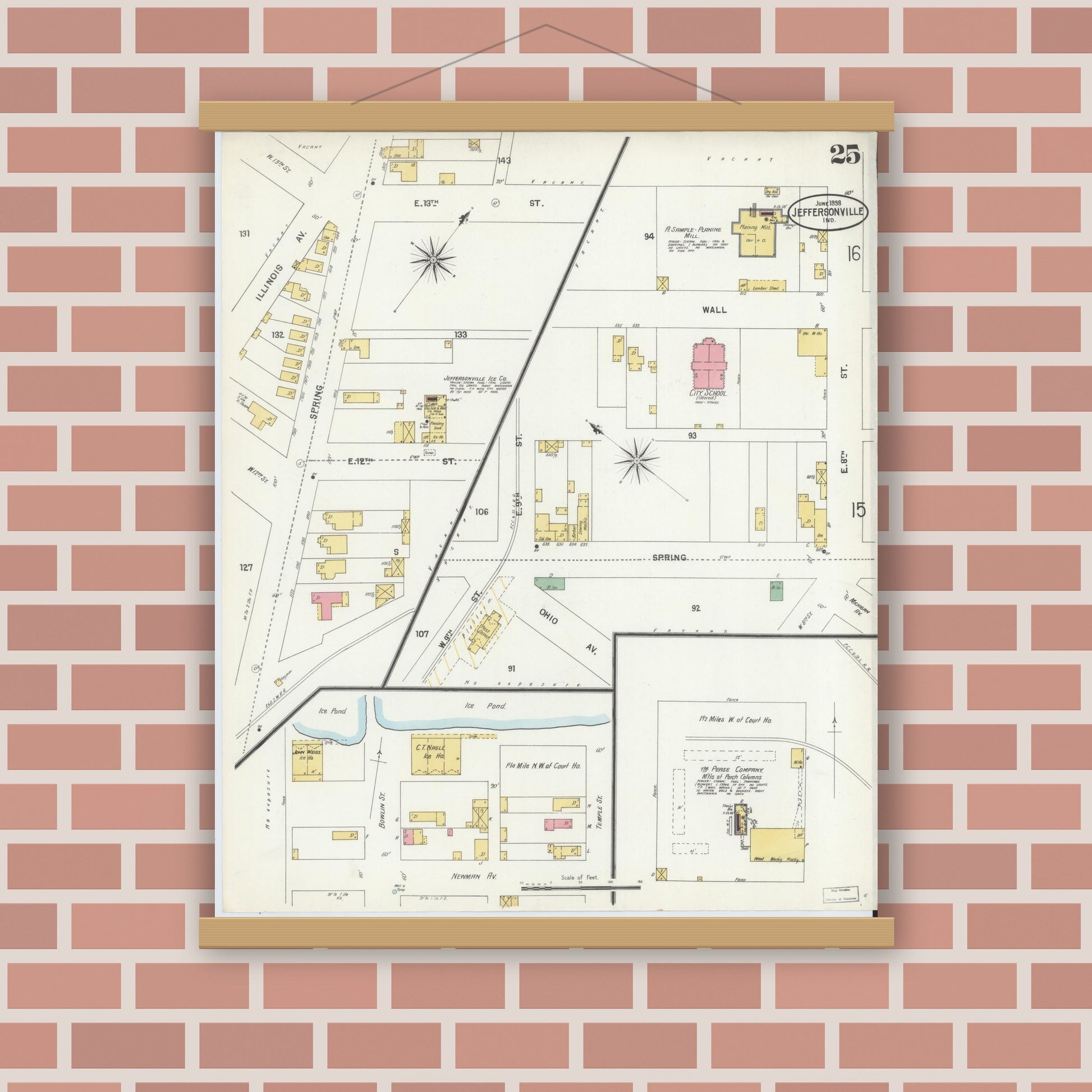 Old map wall art mockup — magnetic wood frame on brick wall — Sanborn Fire Insurance Map from Jeffersonville, Clark County, Indiana (1898), Sheet #0025