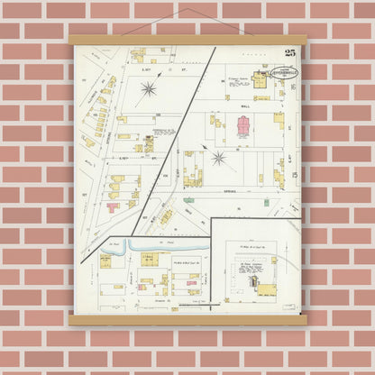 Old map wall art mockup — magnetic wood frame on brick wall — Sanborn Fire Insurance Map from Jeffersonville, Clark County, Indiana (1898), Sheet #0025