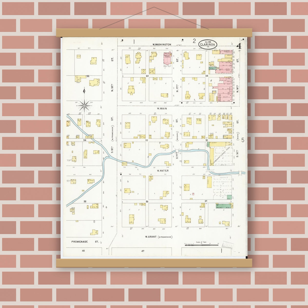 Old map wall art mockup — magnetic wood frame on brick wall — Sanborn Fire Insurance Map from Clarinda, Page County, Iowa (1898), Sheet #0004