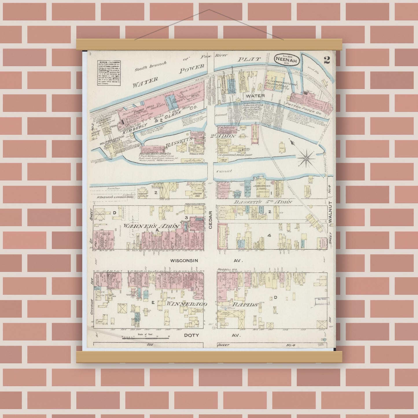 Old map wall art mockup — magnetic wood frame on brick wall — Sanborn Fire Insurance Map from Neenah, Winnebago County, Wisconsin (1884), Sheet #0002