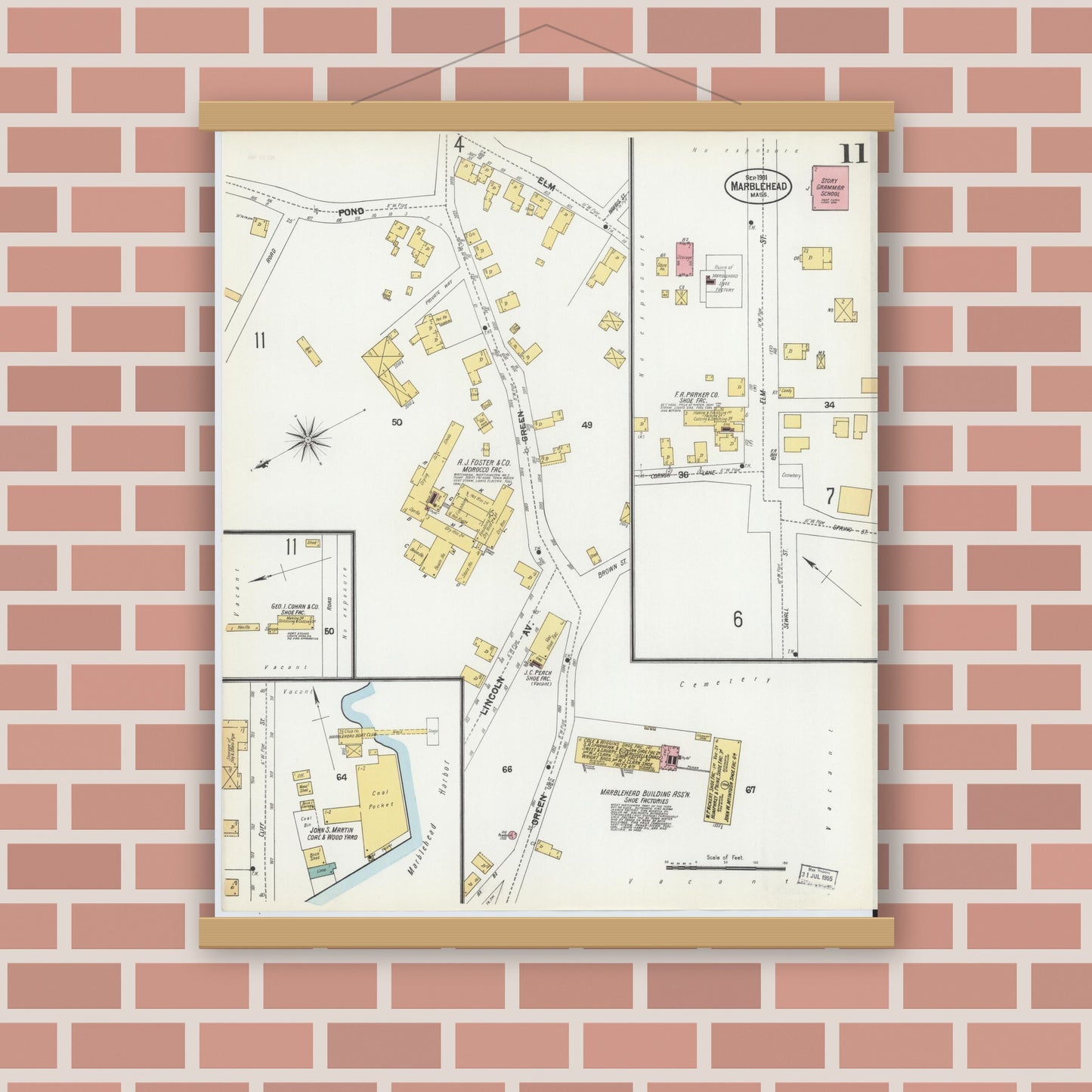Old map wall art mockup — magnetic wood frame on brick wall — Sanborn Fire Insurance Map from Marblehead, Essex County, Massachusetts (1901), Sheet #0011