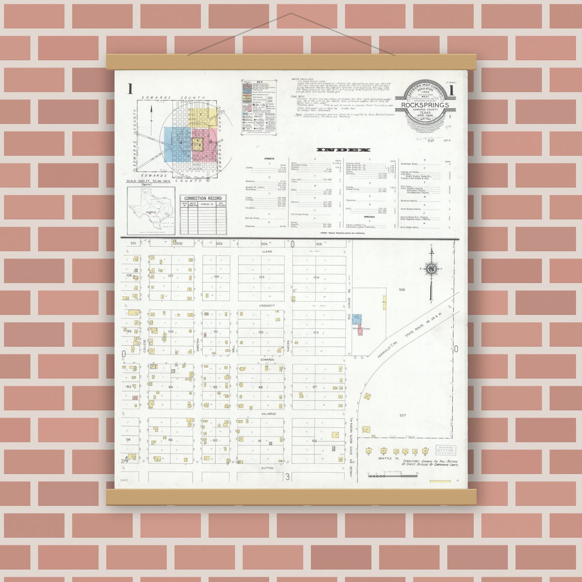Old map wall art mockup — magnetic wood frame on brick wall — Sanborn Fire Insurance Map from Rocksprings, Edwards County, Texas (1948) - Complete Map Set