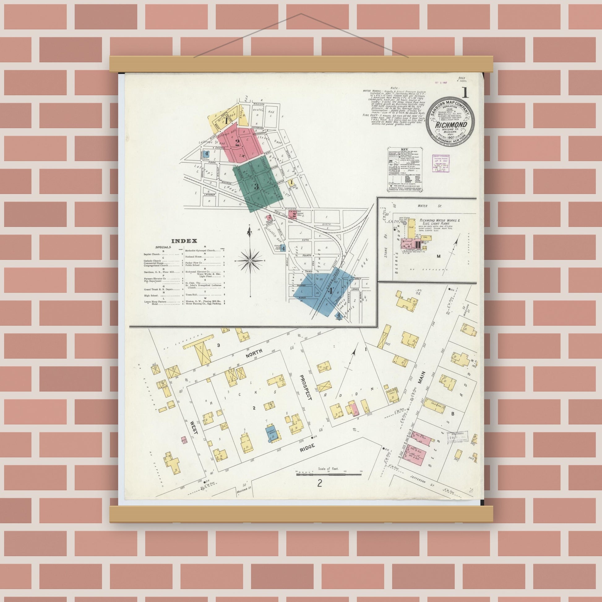 Old map wall art mockup — magnetic wood frame on brick wall — Sanborn Fire Insurance Map from Richmond, Macomb County, Michigan (1907) - Complete Map Set