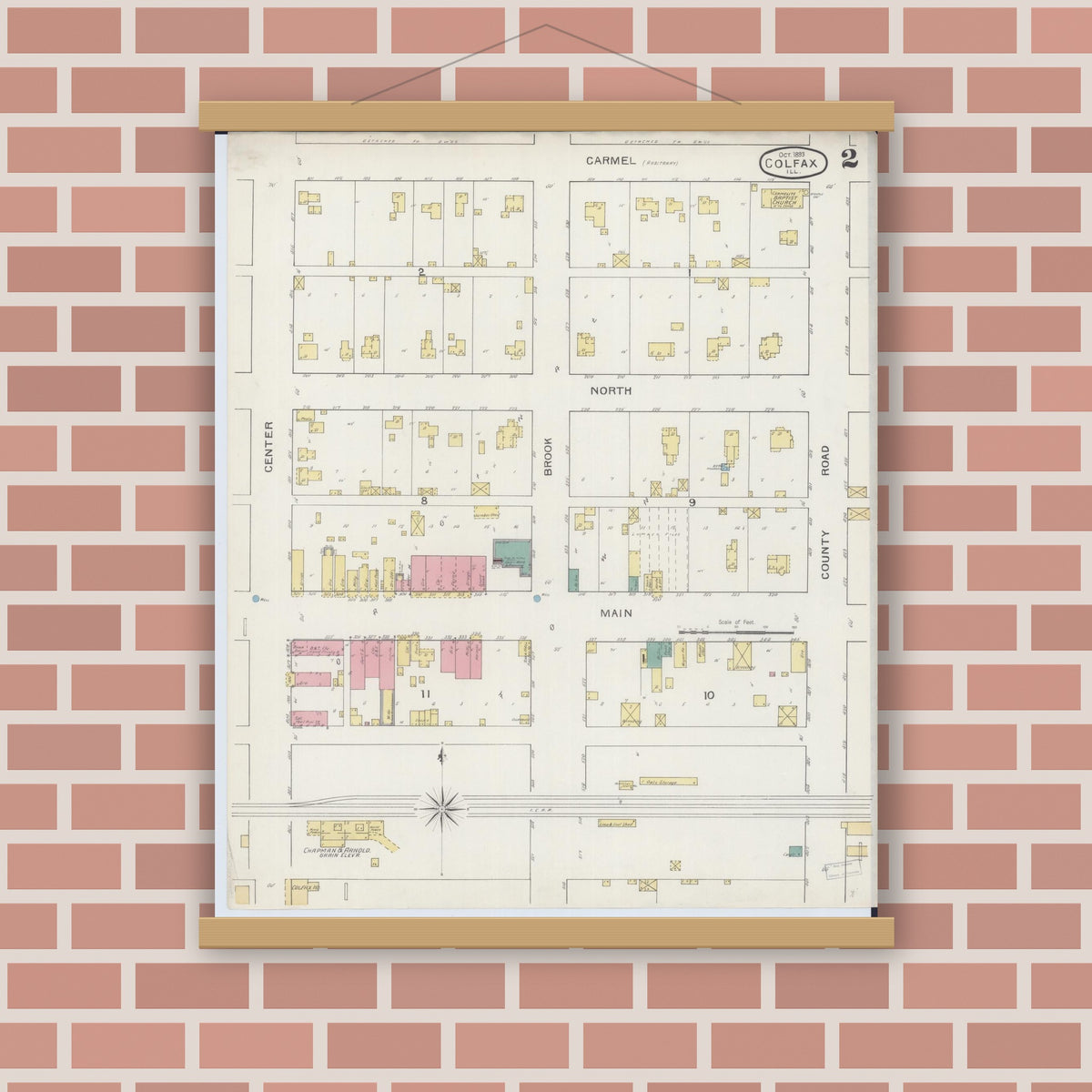 Old map wall art mockup — magnetic wood frame on brick wall — Sanborn Fire Insurance Map from Colfax, McLean County, Illinois (1893), Sheet #0002