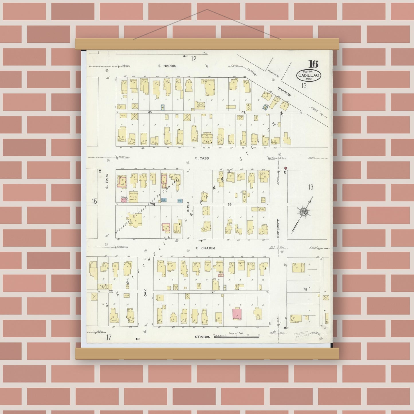 Old map wall art mockup — magnetic wood frame on brick wall — Sanborn Fire Insurance Map from Cadillac, Wexford County, Michigan (1914), Sheet #0016
