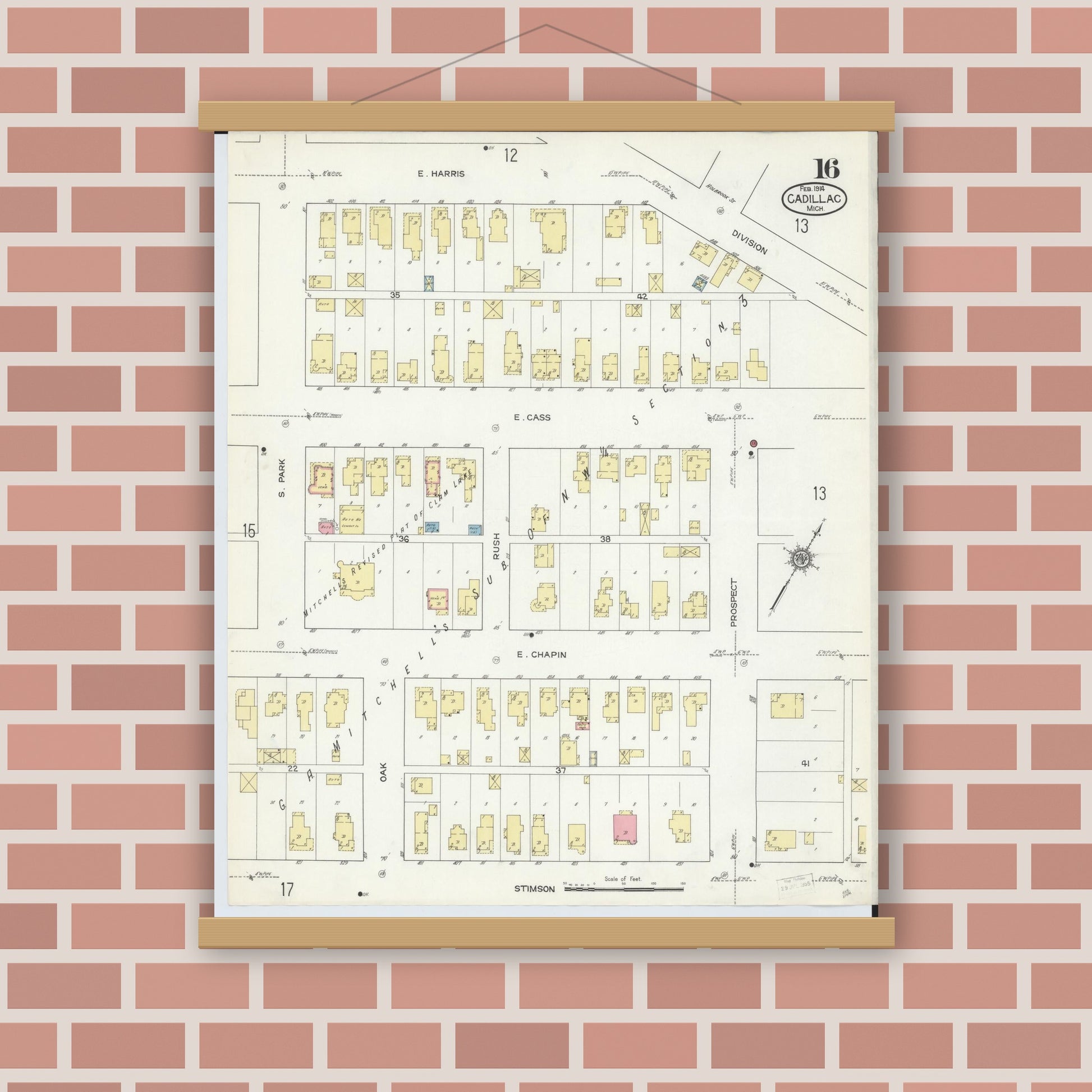 Old map wall art mockup — magnetic wood frame on brick wall — Sanborn Fire Insurance Map from Cadillac, Wexford County, Michigan (1914), Sheet #0016