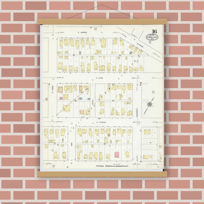 Old map wall art mockup — magnetic wood frame on brick wall — Sanborn Fire Insurance Map from Cadillac, Wexford County, Michigan (1914), Sheet #0016