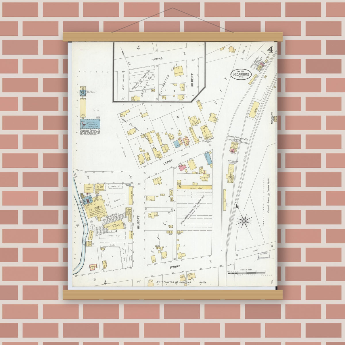 Old map wall art mockup — magnetic wood frame on brick wall — Sanborn Fire Insurance Map from Cedarburg, Ozaukee County, Wisconsin (1900), Sheet #0004