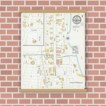 Old map wall art mockup — magnetic wood frame on brick wall — Sanborn Fire Insurance Map from Taylors Falls, Chisago County, Minnesota (1904) - Complete Map Set