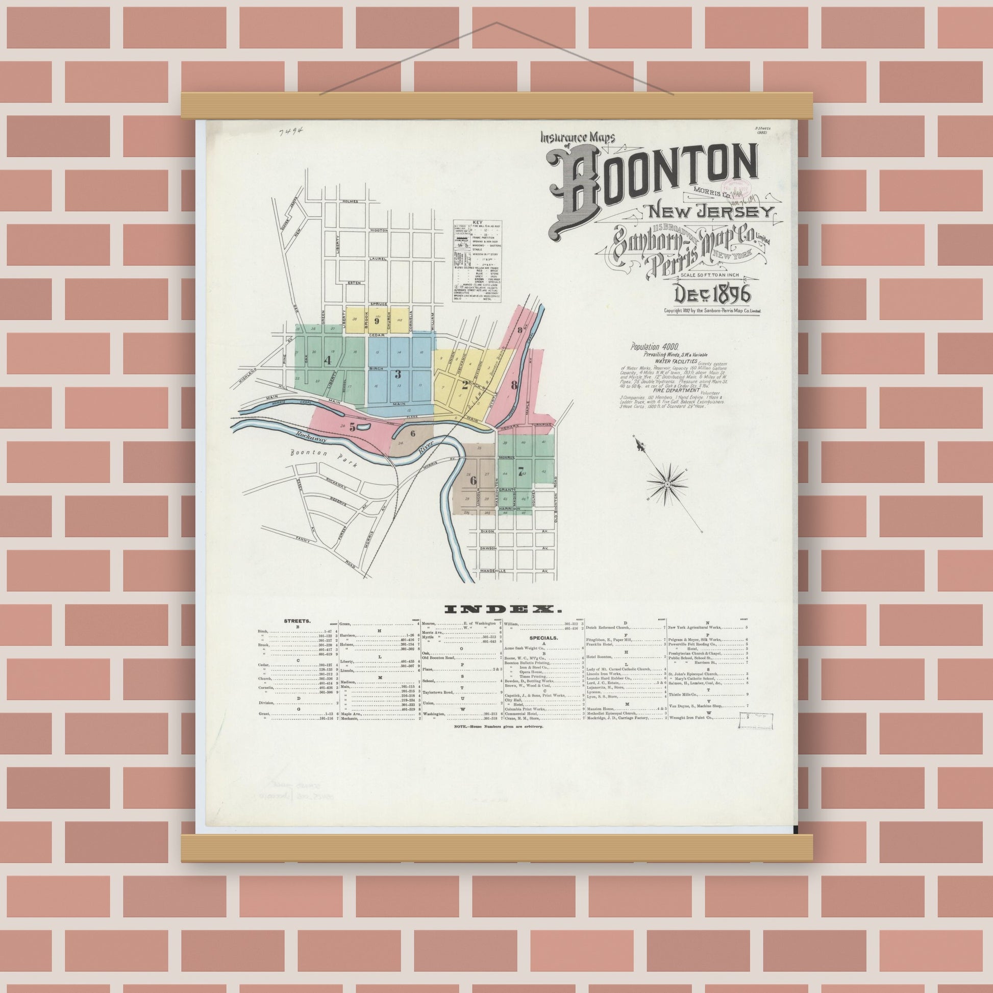 Old map wall art mockup — magnetic wood frame on brick wall — Sanborn Fire Insurance Map from Boonton, Morris County, New Jersey (1896) - Complete Map Set
