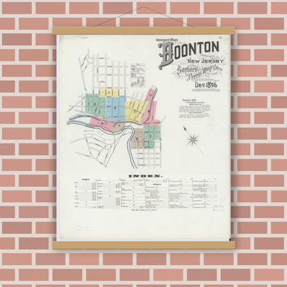 Old map wall art mockup — magnetic wood frame on brick wall — Sanborn Fire Insurance Map from Boonton, Morris County, New Jersey (1896) - Complete Map Set