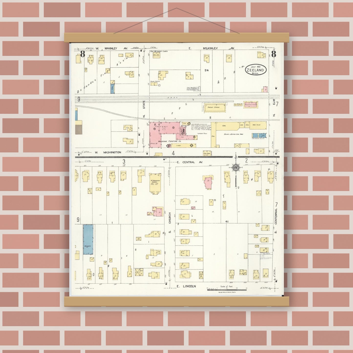 Old map wall art mockup — magnetic wood frame on brick wall — Sanborn Fire Insurance Map from Zeeland, Ottawa County, Michigan (1923), Sheet #0008