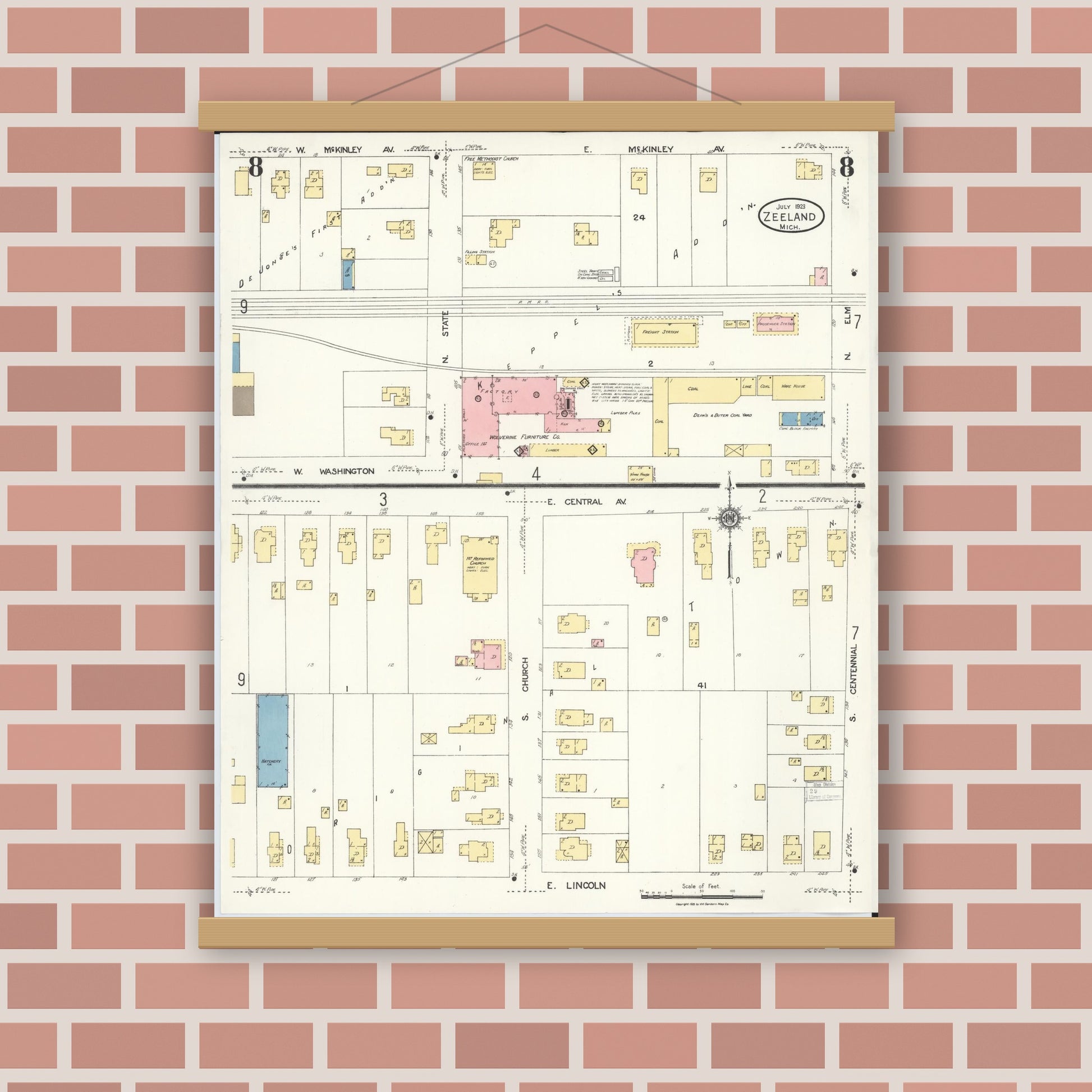Old map wall art mockup — magnetic wood frame on brick wall — Sanborn Fire Insurance Map from Zeeland, Ottawa County, Michigan (1923), Sheet #0008