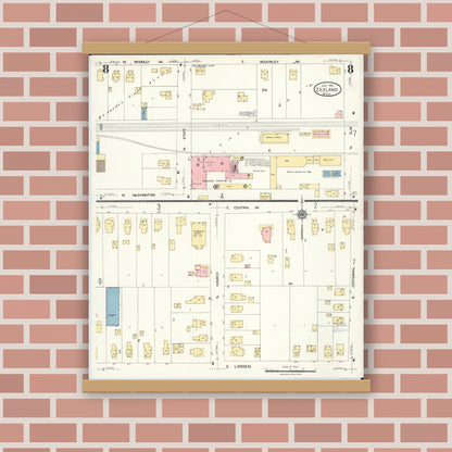 Old map wall art mockup — magnetic wood frame on brick wall — Sanborn Fire Insurance Map from Zeeland, Ottawa County, Michigan (1923), Sheet #0008