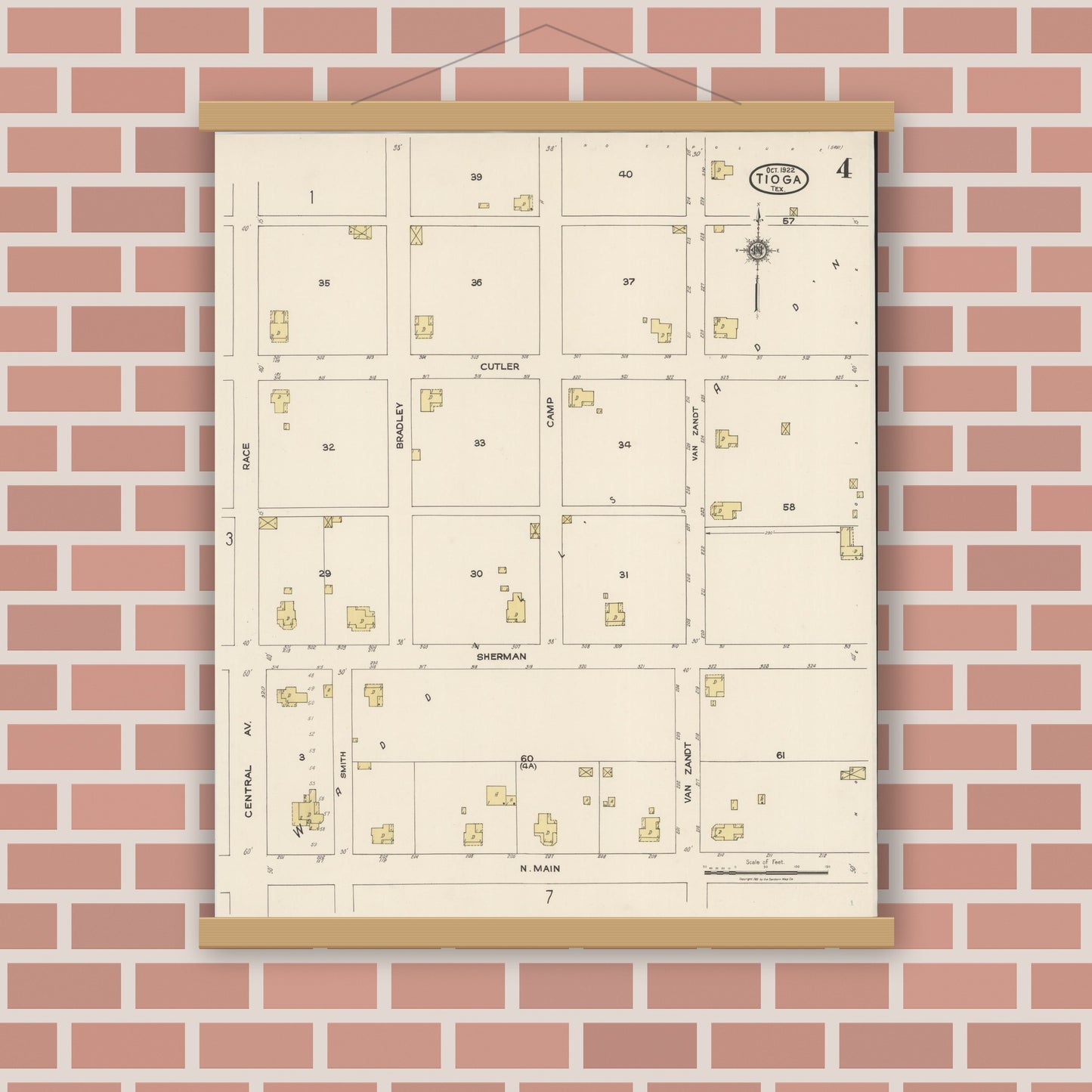 Old map wall art mockup — magnetic wood frame on brick wall — Sanborn Fire Insurance Map from Tioga, Grayton County, Texas (1922), Sheet #0004