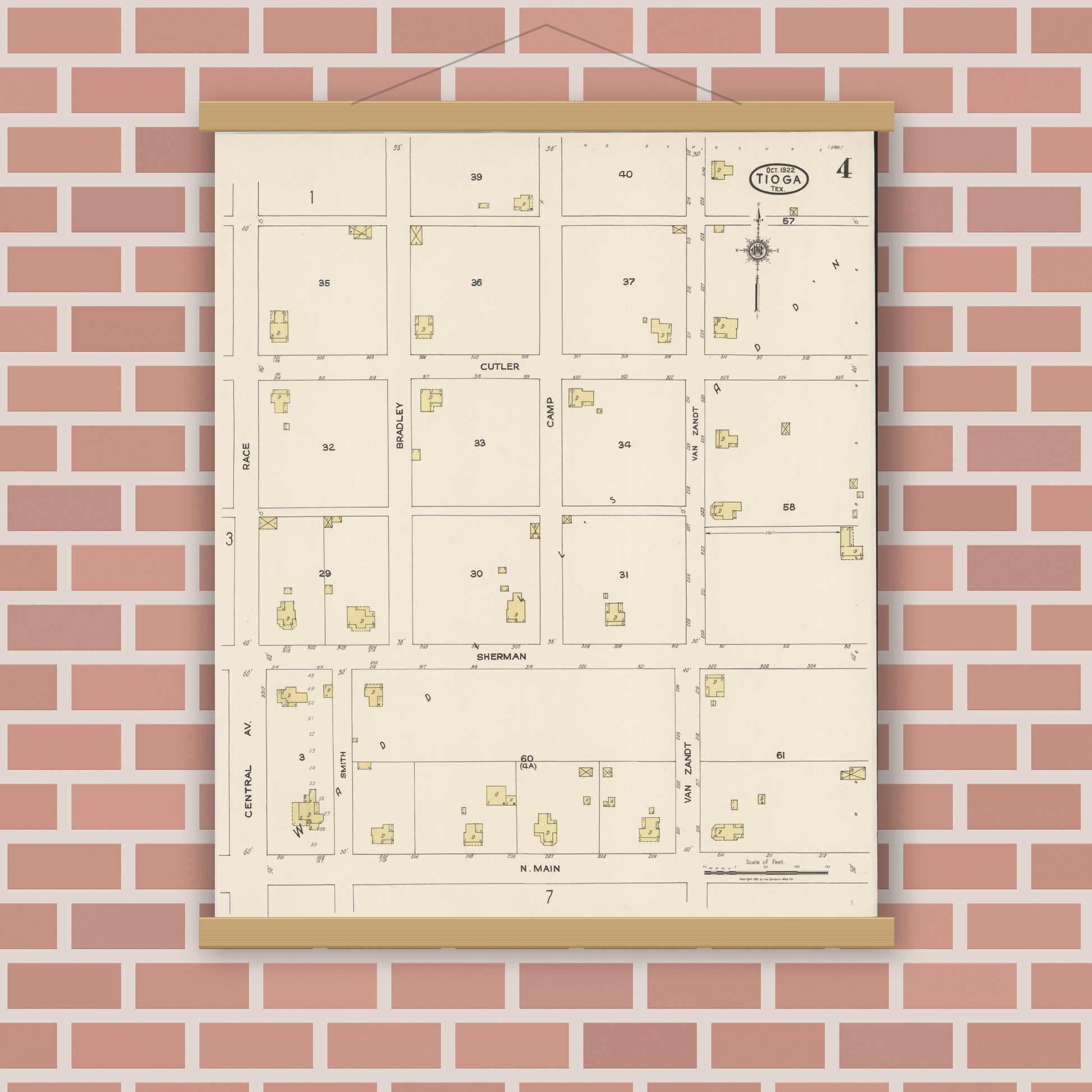 Old map wall art mockup — magnetic wood frame on brick wall — Sanborn Fire Insurance Map from Tioga, Grayton County, Texas (1922), Sheet #0004
