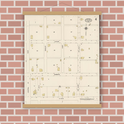 Old map wall art mockup — magnetic wood frame on brick wall — Sanborn Fire Insurance Map from Tioga, Grayton County, Texas (1922), Sheet #0004