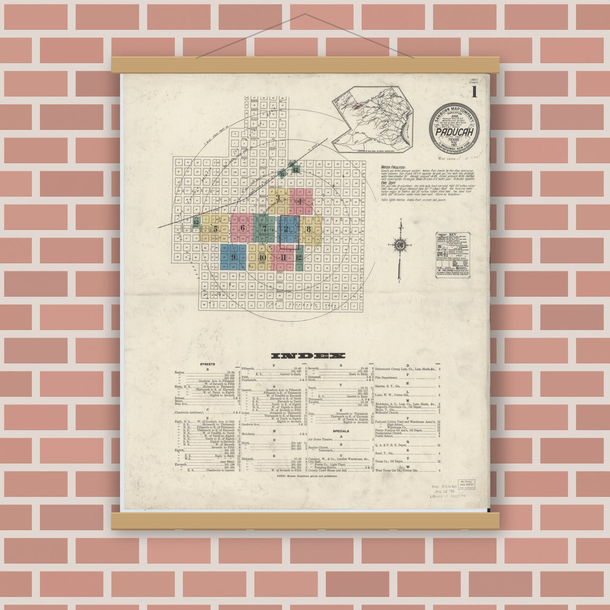 Old map wall art mockup — magnetic wood frame on brick wall — Sanborn Fire Insurance Map from Paducah, Cottle County, Texas (1921), Sheet #0001