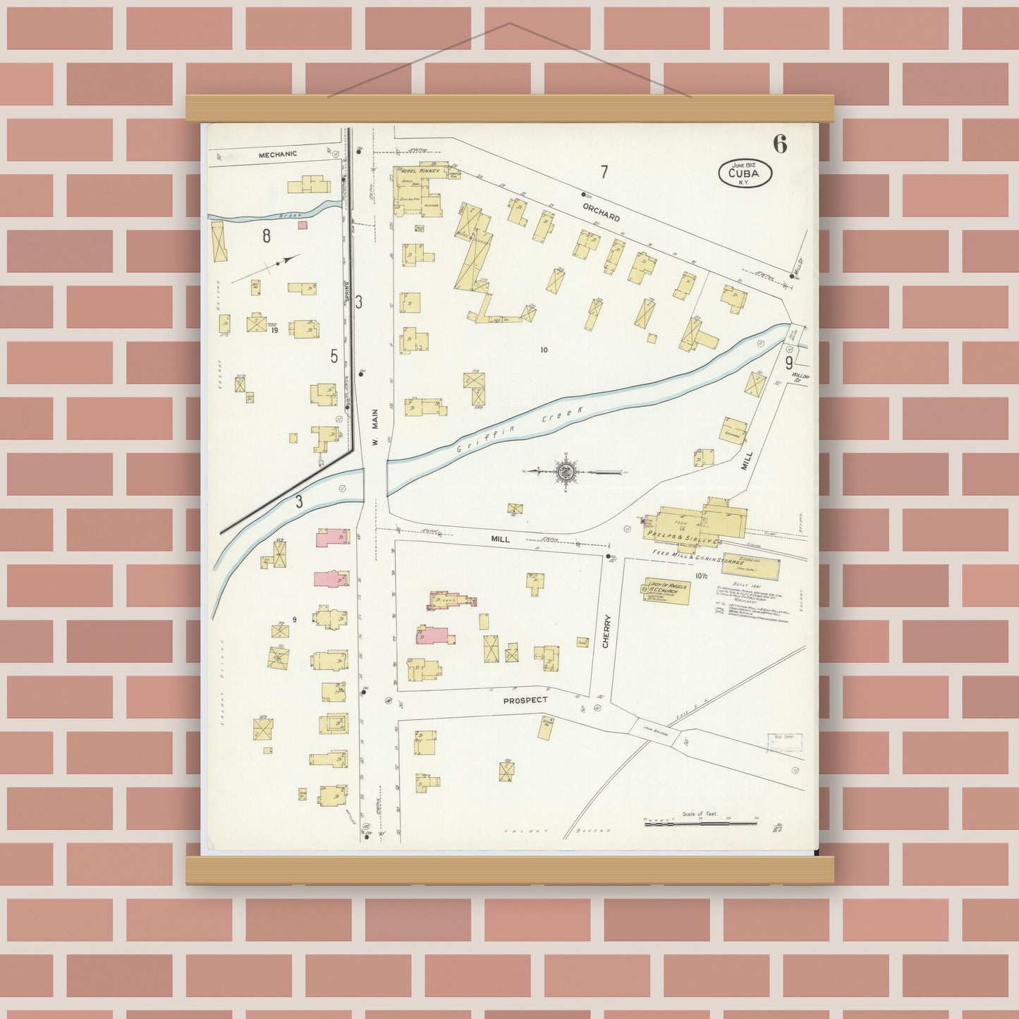 Old map wall art mockup — magnetic wood frame on brick wall — Sanborn Fire Insurance Map from Cuba, Allegany County, New York (1912), Sheet #0006