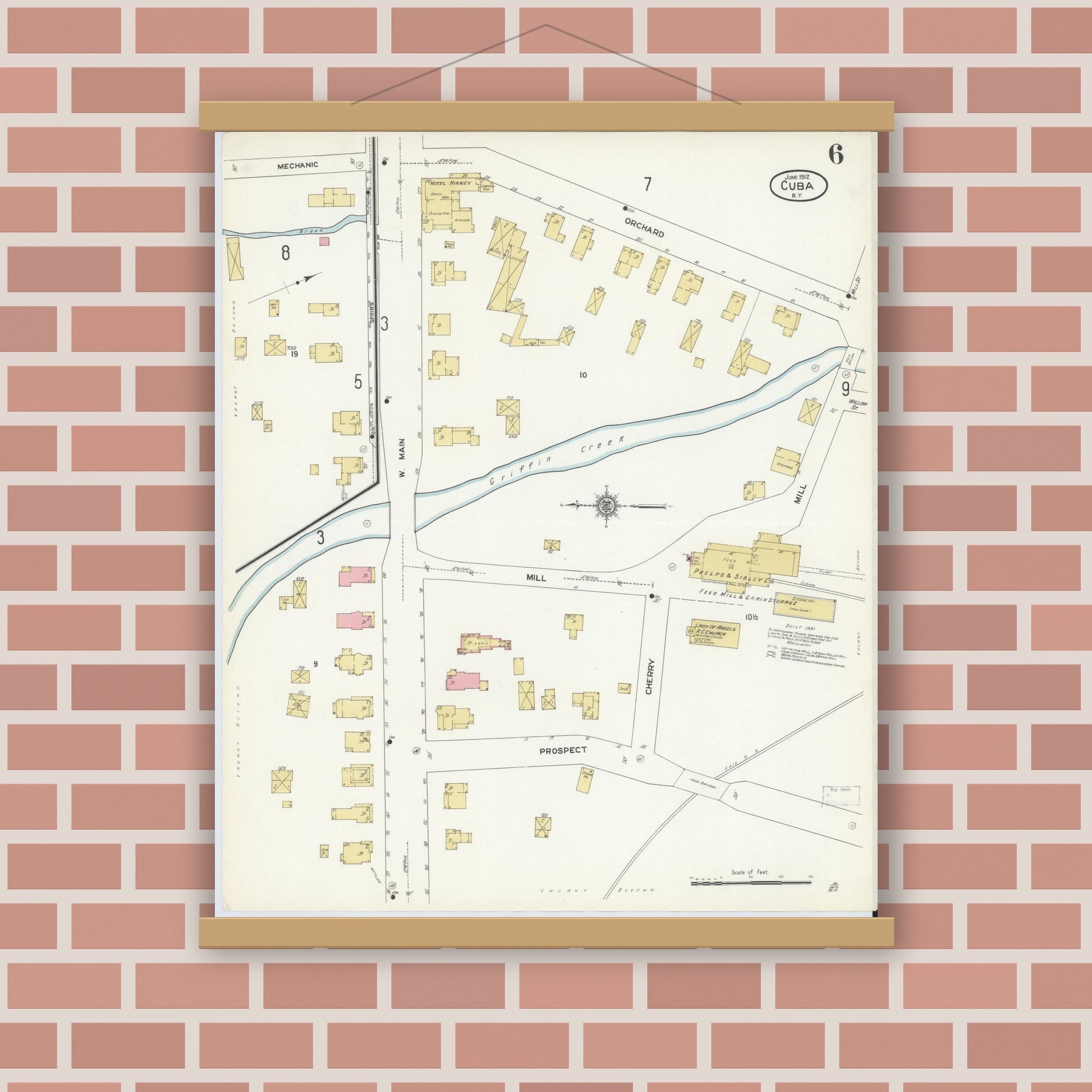 Old map wall art mockup — magnetic wood frame on brick wall — Sanborn Fire Insurance Map from Cuba, Allegany County, New York (1912), Sheet #0006