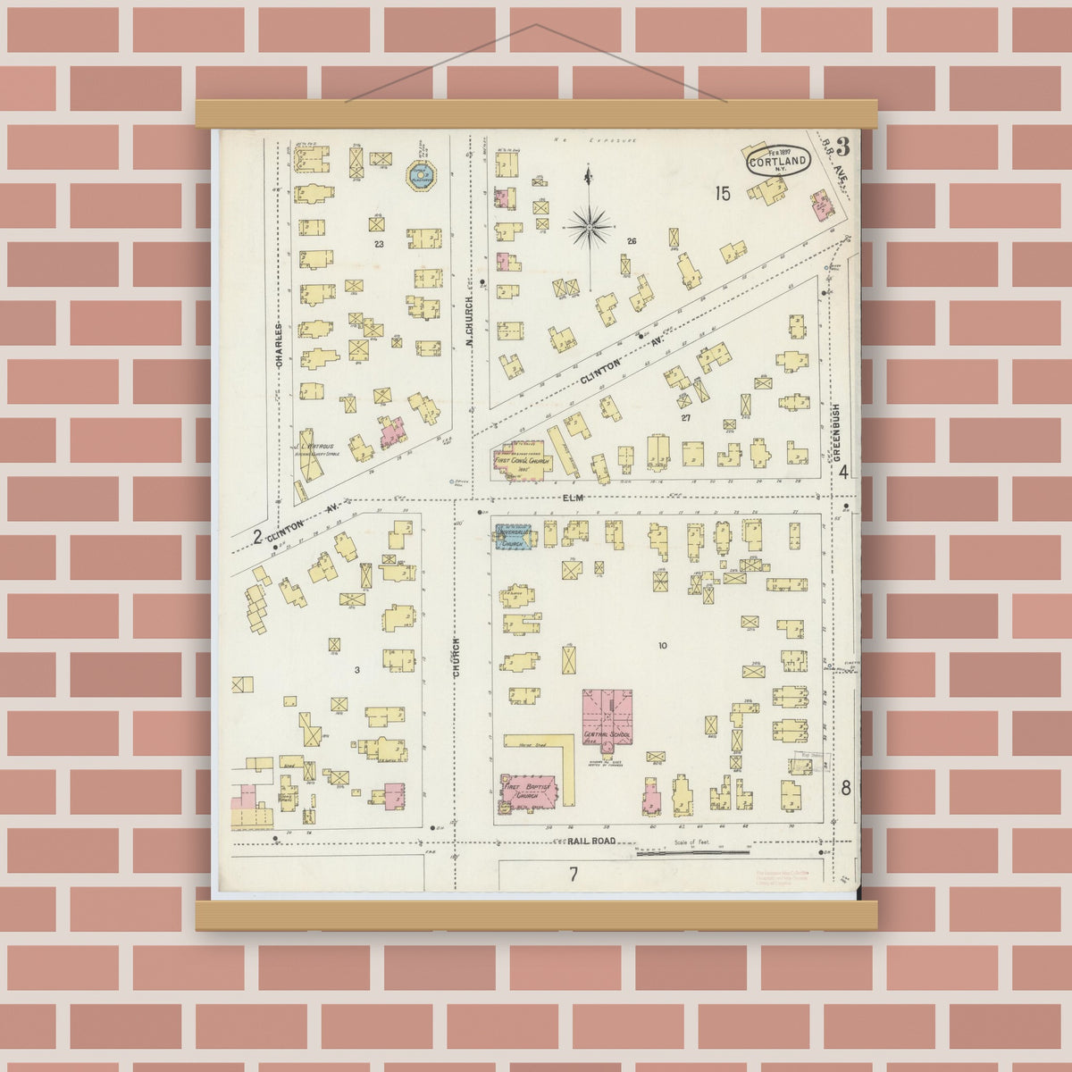 Old map wall art mockup — magnetic wood frame on brick wall — Sanborn Fire Insurance Map from Cortland, Cortland County, New York (1897), Sheet #0003