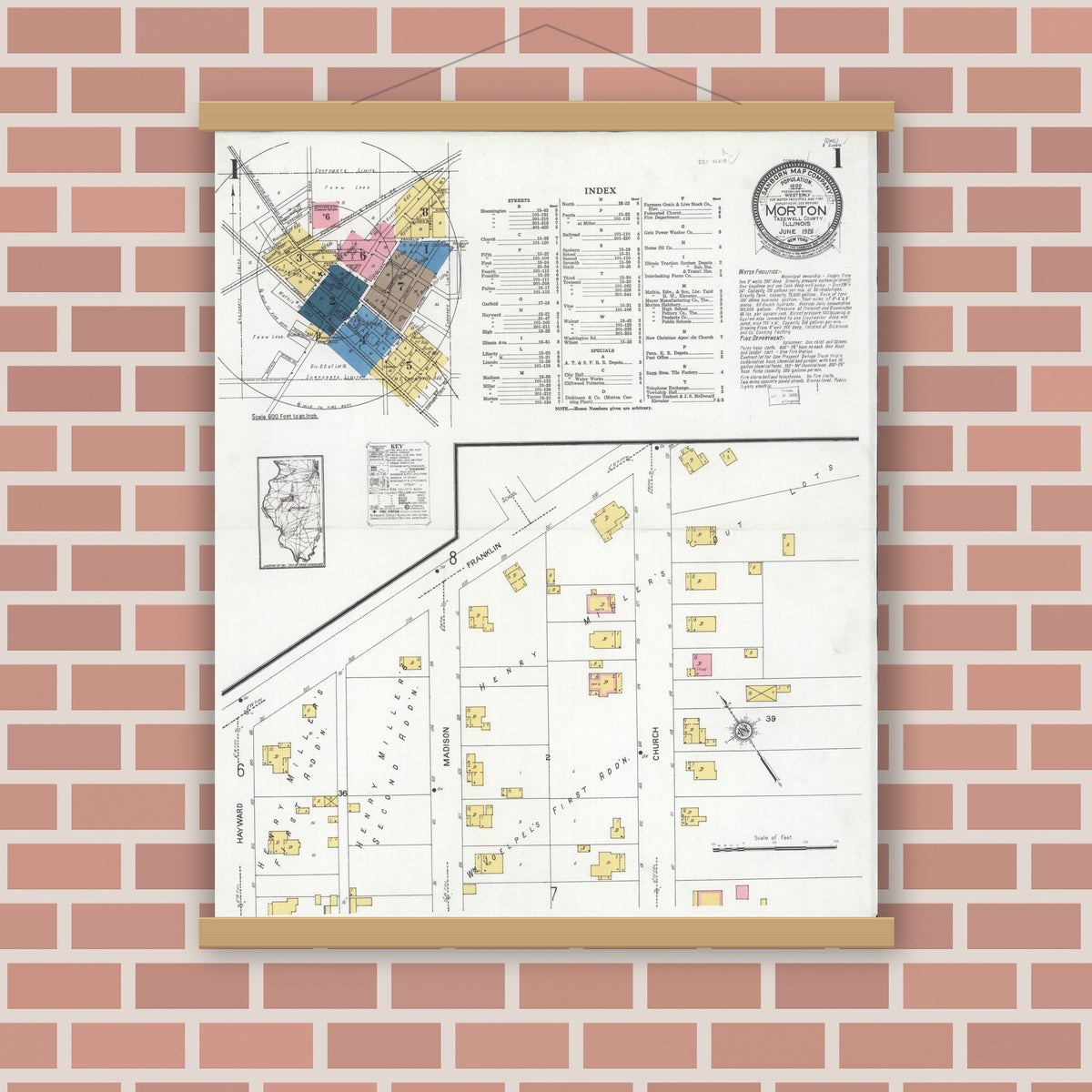 Old map wall art mockup — magnetic wood frame on brick wall — Sanborn Fire Insurance Map from Morton, Tazewell County, Illinois (1926), Sheet #0001