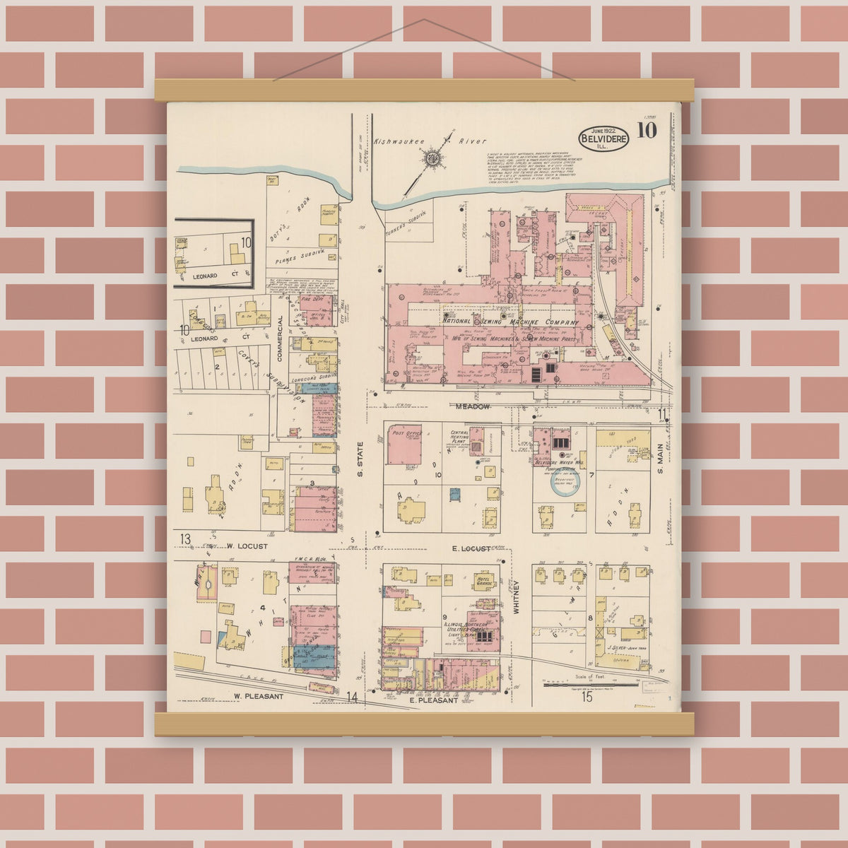 Old map wall art mockup — magnetic wood frame on brick wall — Sanborn Fire Insurance Map from Belvidere, Boone County, Illinois (1922), Sheet #0010
