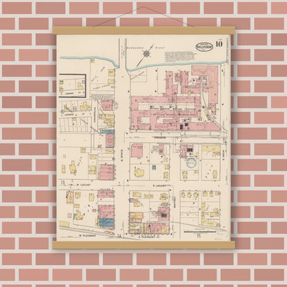 Old map wall art mockup — magnetic wood frame on brick wall — Sanborn Fire Insurance Map from Belvidere, Boone County, Illinois (1922), Sheet #0010