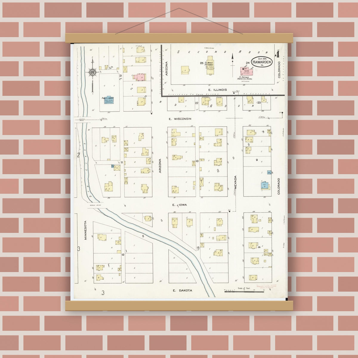 Old map wall art mockup — magnetic wood frame on brick wall — Sanborn Fire Insurance Map from Hawarden, Sioux County, Iowa (1914), Sheet #0004