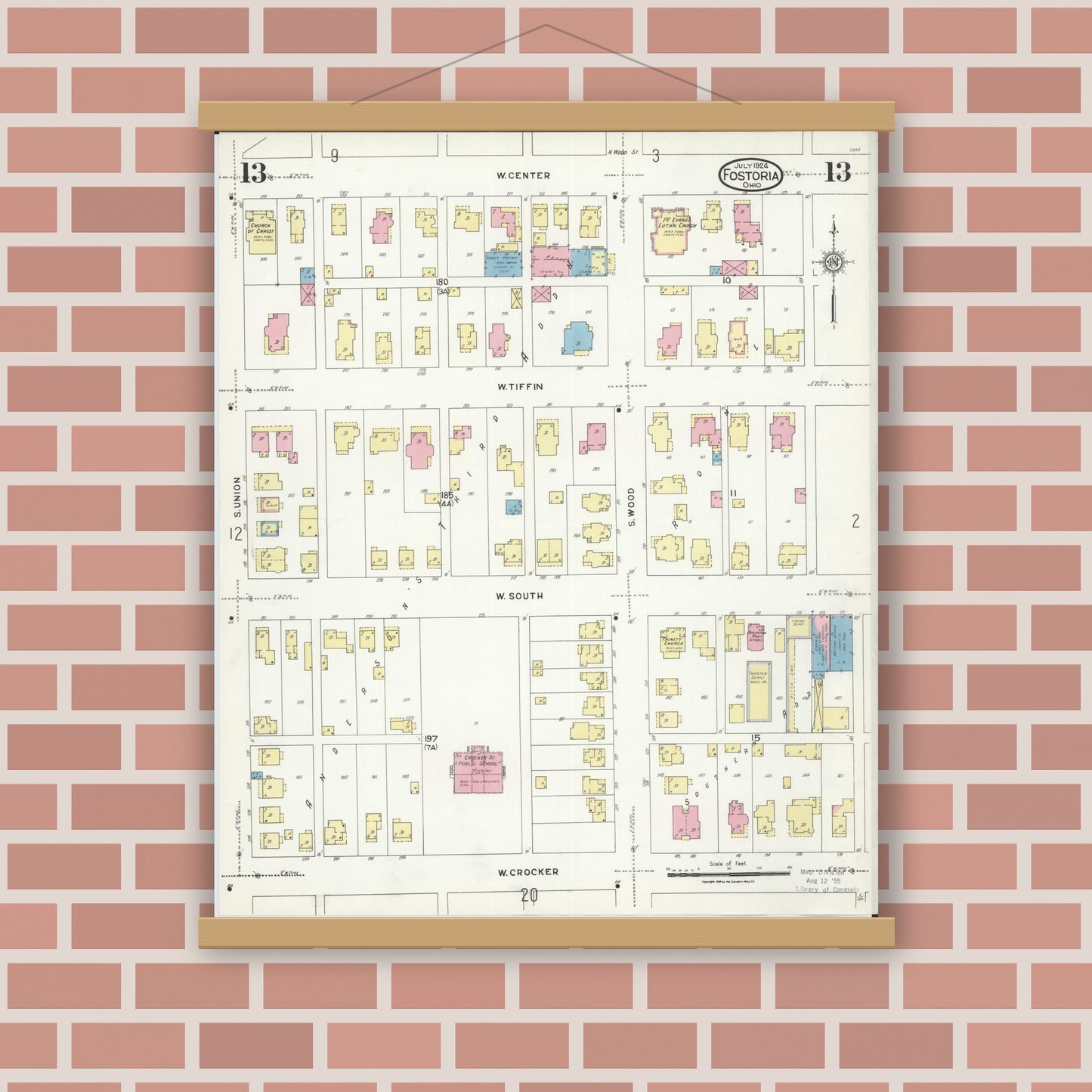 Old map wall art mockup — magnetic wood frame on brick wall — Sanborn Fire Insurance Map from Fostoria, Seneca, Hancock, And Wood Counties, Ohio (1924), Sheet #0013