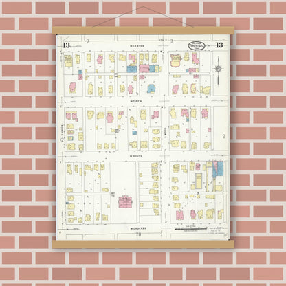 Old map wall art mockup — magnetic wood frame on brick wall — Sanborn Fire Insurance Map from Fostoria, Seneca, Hancock, And Wood Counties, Ohio (1924), Sheet #0013