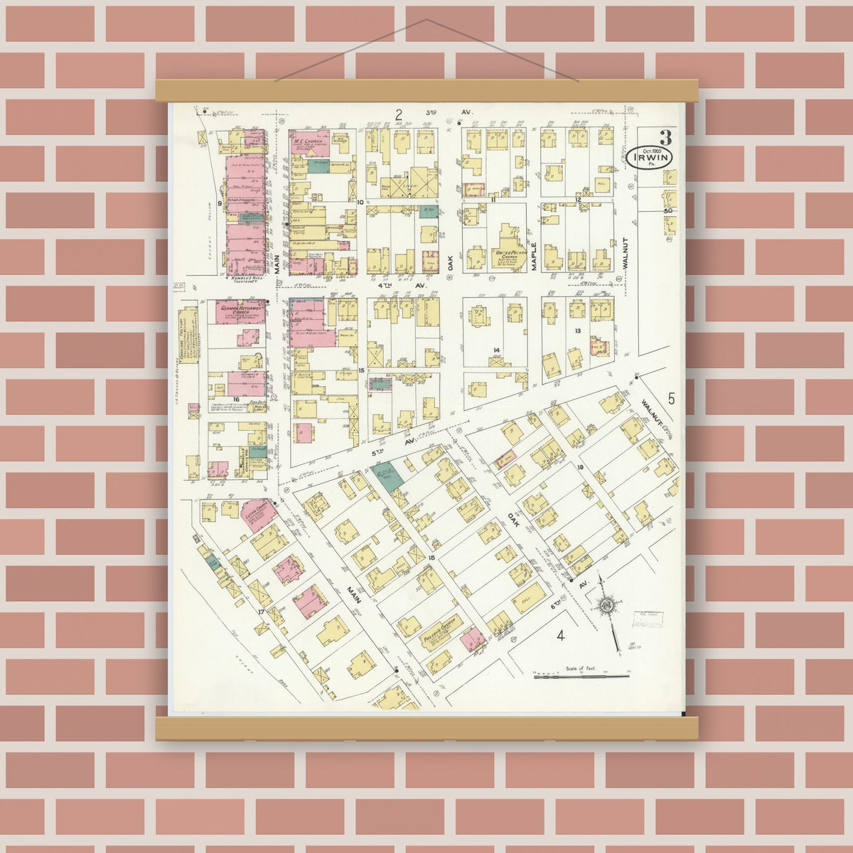 Old map wall art mockup — magnetic wood frame on brick wall — Sanborn Fire Insurance Map from Irwin, Westmoreland County, Pennsylvania (1909), Sheet #0003
