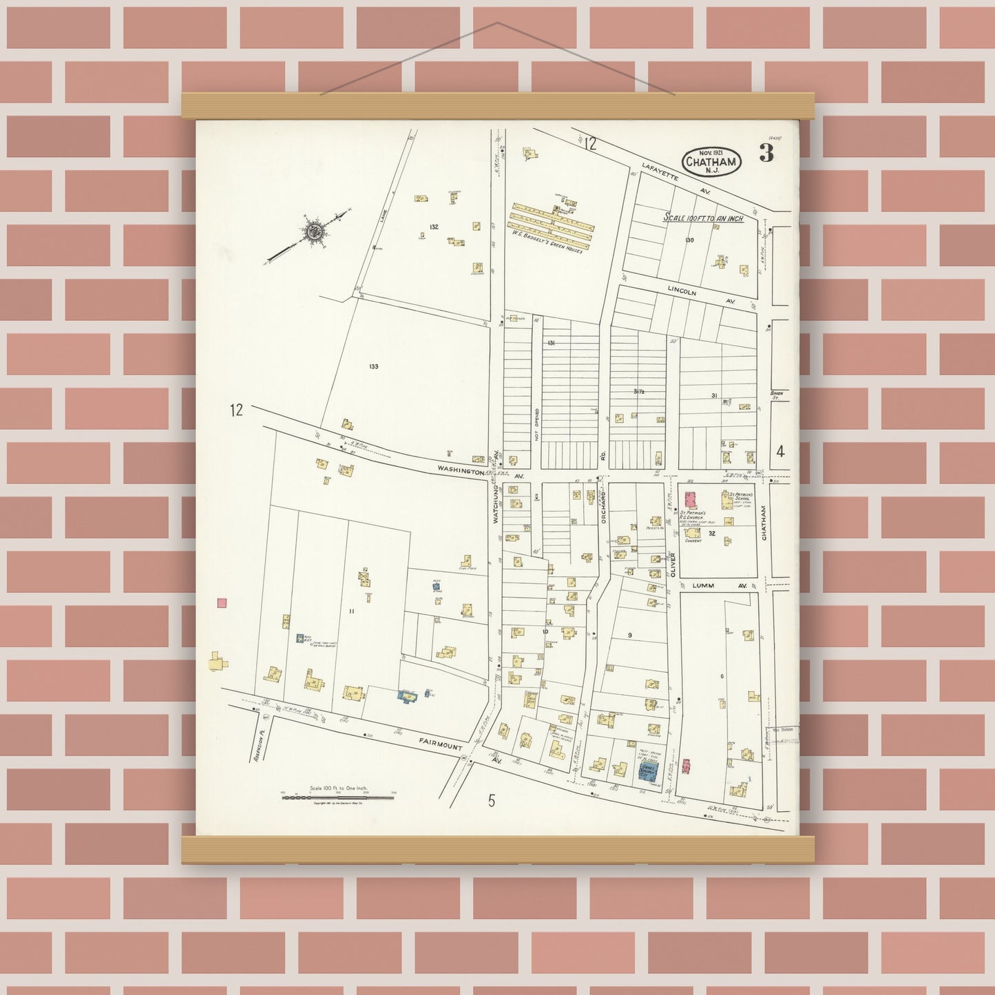 Old map wall art mockup — magnetic wood frame on brick wall — Sanborn Fire Insurance Map from Chatham, Morris County, New Jersey (1921), Sheet #0003