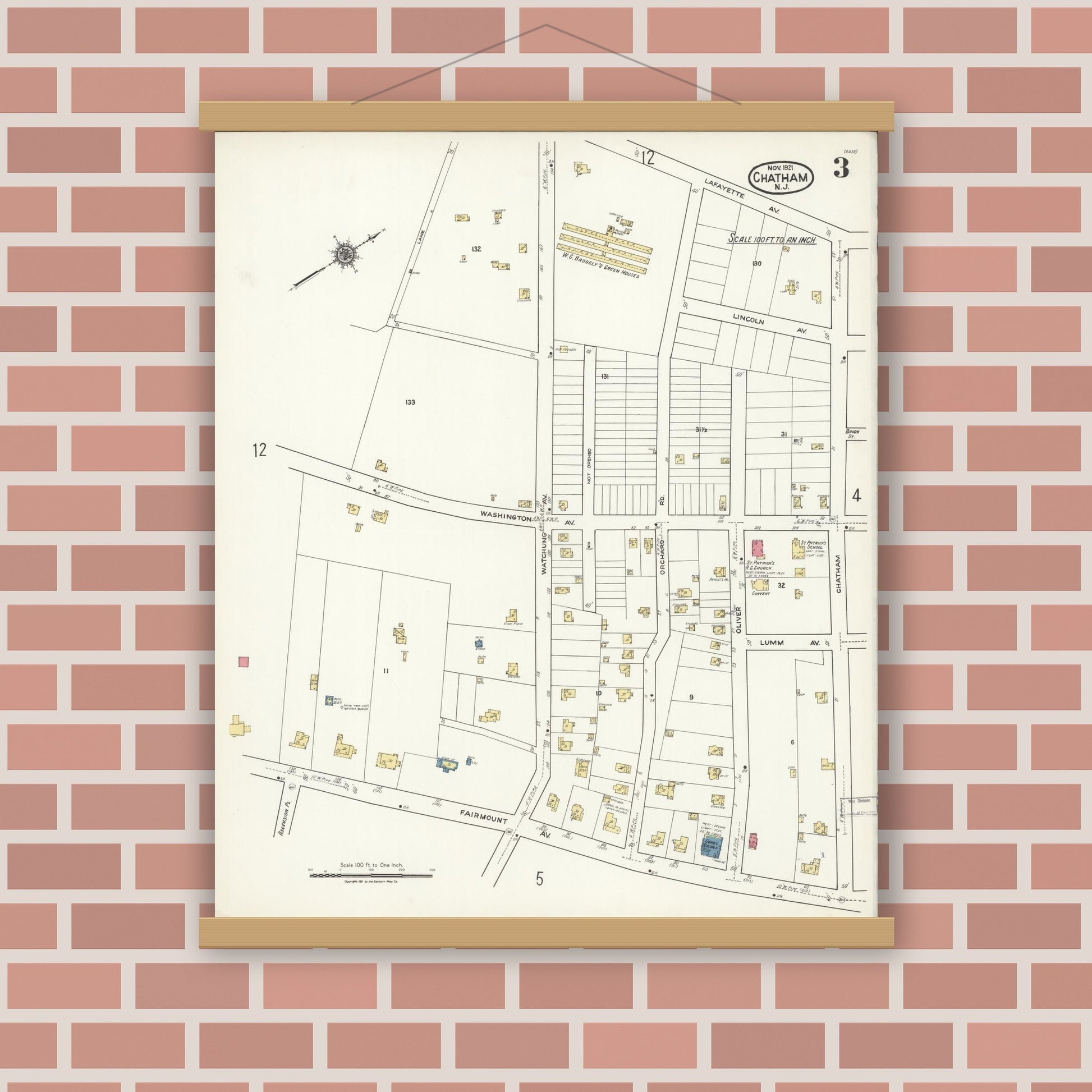 Old map wall art mockup — magnetic wood frame on brick wall — Sanborn Fire Insurance Map from Chatham, Morris County, New Jersey (1921), Sheet #0003