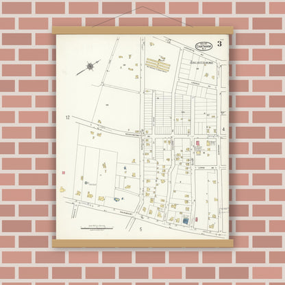 Old map wall art mockup — magnetic wood frame on brick wall — Sanborn Fire Insurance Map from Chatham, Morris County, New Jersey (1921), Sheet #0003