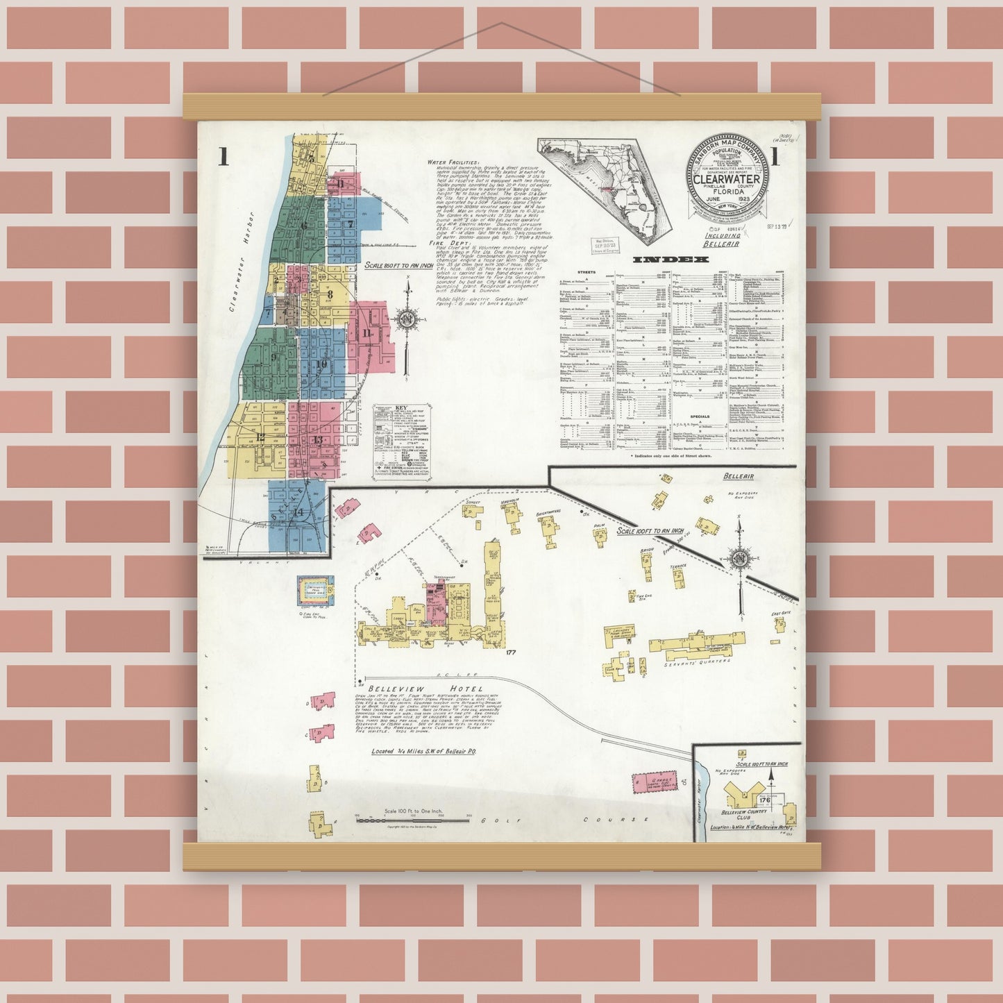 Old map wall art mockup — magnetic wood frame on brick wall — Sanborn Fire Insurance Map from Clearwater, Pinellas County, Florida (1923) - Complete Map Set