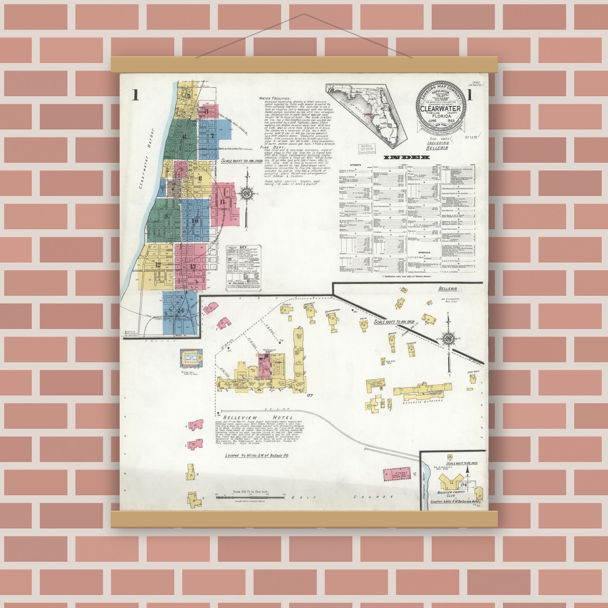 Old map wall art mockup — magnetic wood frame on brick wall — Sanborn Fire Insurance Map from Clearwater, Pinellas County, Florida (1923) - Complete Map Set