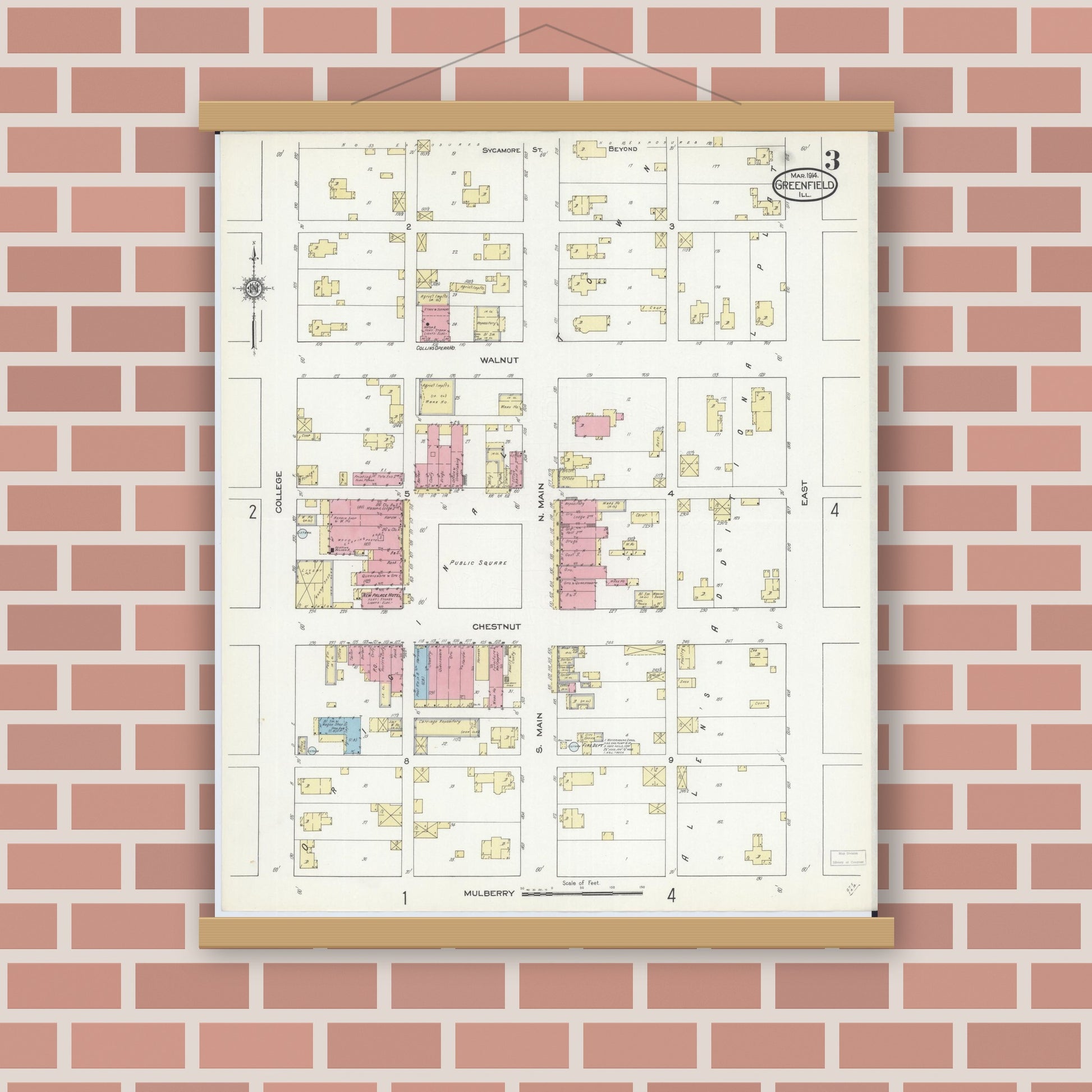 Old map wall art mockup — magnetic wood frame on brick wall — Sanborn Fire Insurance Map from Greenfield, Greene County, Illinois (1914), Sheet #0003
